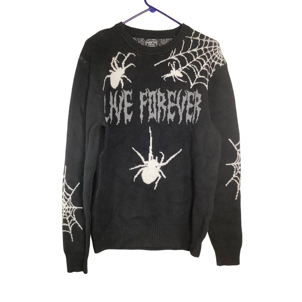 RGSTR Men's M Black Live Forever Spider Knit Crew Neck Sweater Goth Punk L5-4